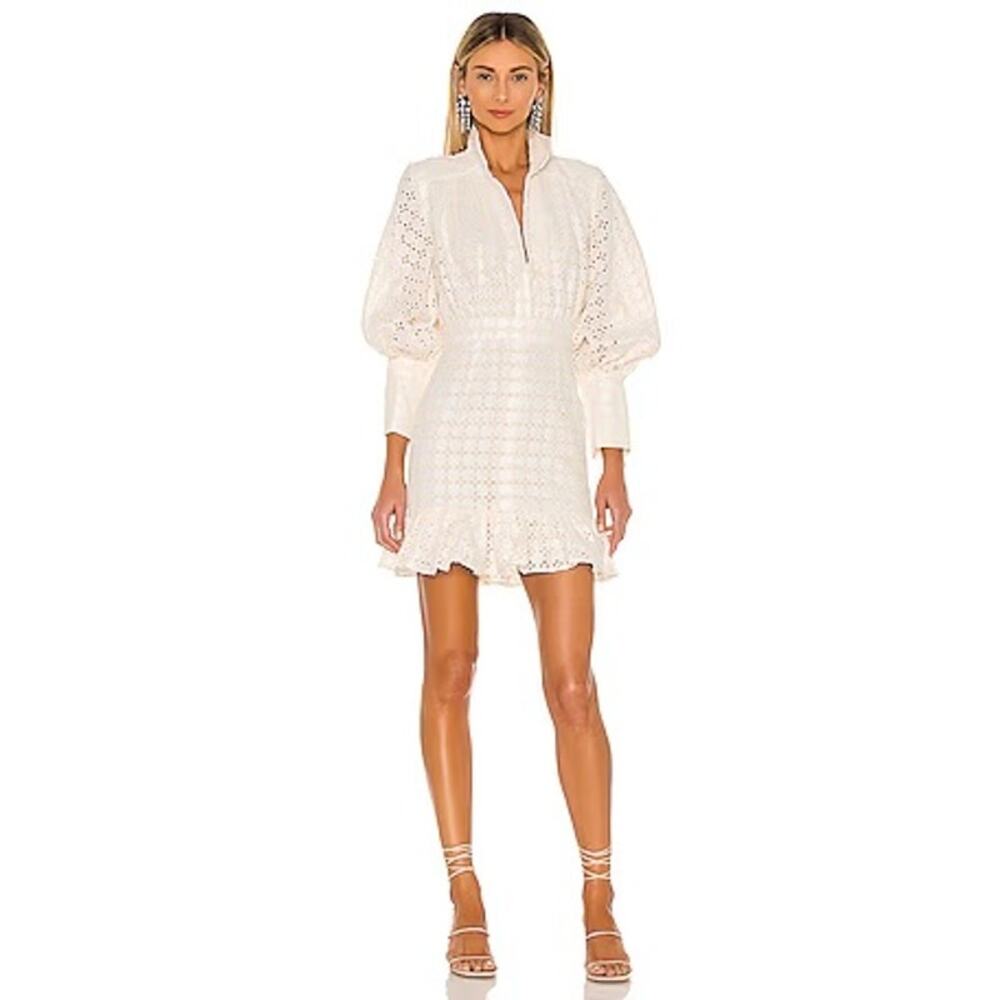 Shona Joy Penelope White Linen Balloon Sleeve Mini Dress Wedding Guest Size 4